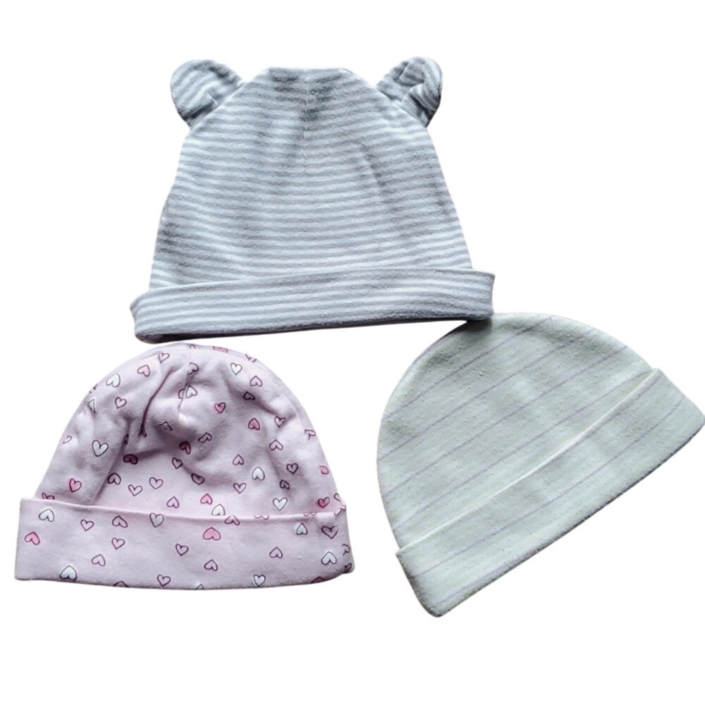 3 Pack Girl Infant Hats Pink Hearts, Grey Stripe with ears, Yellow Green‎ Stripe